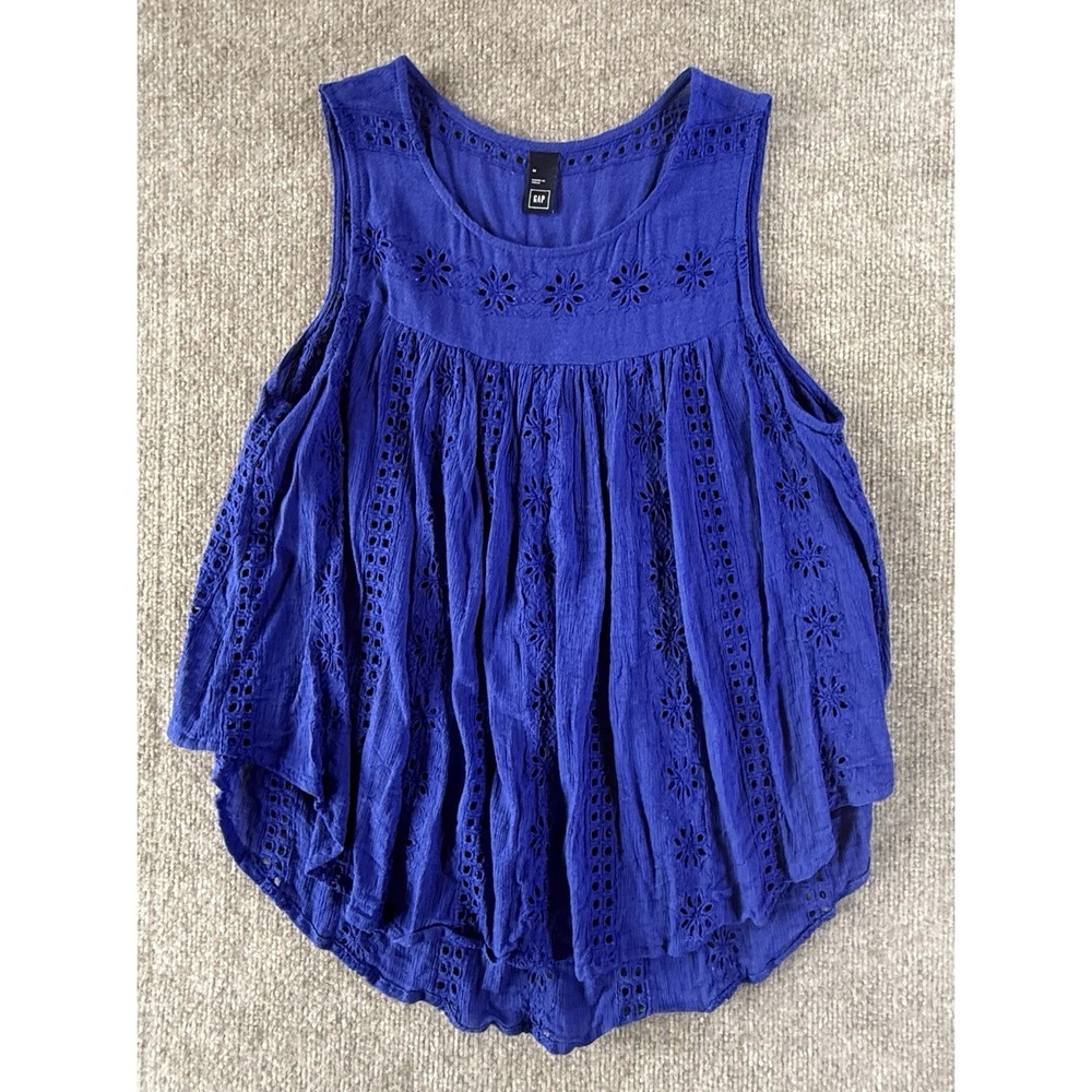 GAP Eyelet Tank Top Womens Medium Blue Boho‎ Flowy Sleeveless Cotton